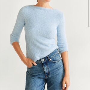 Mango Women's Light Blue Textured Fuzzy Boat Neck Sweater